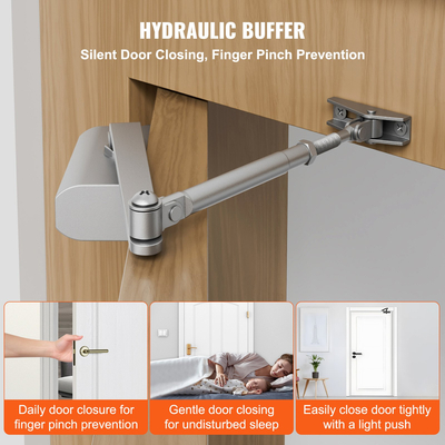 VEVOR Door Closer, Automatic Door Closer Εμπορική ή Οικιακή Χρήση για Βάρη Πόρτας 45 kg, Ρυθμιζόμενο Μέγεθος Hydraulic Buffer Door Closers Heavy Duty Χυτό σώμα από αλουμίνιο, Εύκολη εγκατάσταση, Ασημί