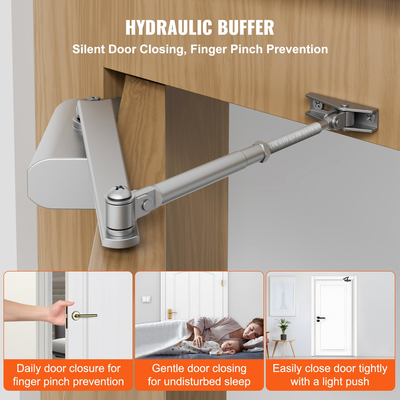 VEVOR Door Closer, Automatic Door Closer Εμπορική ή Οικιακή Χρήση για Βάρη Πόρτας 85 kg, Ρυθμιζόμενο Μέγεθος Hydraulic Buffer Door Closers Heavy Duty Χυτό σώμα από αλουμίνιο, Εύκολη εγκατάσταση, Ασημί