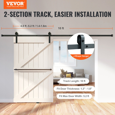 VEVOR 10FT Sliding Barn Door Hardware Kit, 330LBS Loading Heavy Duty Track Barn Door Kit για μονή πόρτα, Εφαρμογή σε πλάτος 4,6-5,2FT και πάχος πόρτας 1,3&quot;-1,8&quot;, με λεία και αθόρυβη τροχαλία (Σχήμα J)