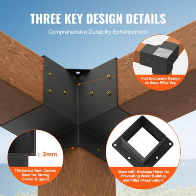 Σετ βραχίονα πέργκολας VEVOR 6&#039;&#039;x6&#039;&#039;,Εσωτερικό μέγεθος 5,6&quot;x5,6 8τμχ Γωνιακός βραχίονας 3-Way βαρέως τύπου Ξυλουργική βάση DIY Post, Εύκολη εγκατάσταση Ξύλινα δοκάρια για κιόσκια, πέργκολες βεράντας, ξύλινο εξοπλισμό πέργκολας εξωτερικής καμπίνας