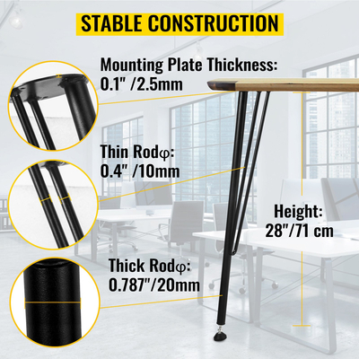 VEVOR φουρκέτα Μεταλλικά πόδια τραπεζιού 28 ιντσών Πόδια γραφείου Σετ 4 πόδια πάγκου βαρέως τύπου Πόδια μεταλλικά έπιπλα 3 ράβδων από σφυρήλατο σίδηρο Πόδια τραπεζιού σαλονιού Home DIY για τραπεζαρία με λαστιχένια προστατευτικά δαπέδου Μαύρο