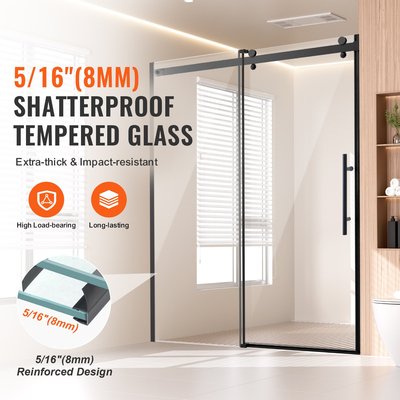 VEVOR Πόρτα ντους χωρίς πλαίσιο 58-59&quot; x 75&quot; Tempered Glass 5/16&quot; Μαύρο ματ