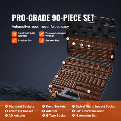 VEVOR 3/8&quot; Drive Impact Socket Set, 90 Piece Socket Set SAE 1/4&quot;-3/4&quot; and Metric 6-19mm, 6 Point Cr-Mo Alloy Steel for Auto Repair, Includes Extension Bars Universal Joint Adapter Lock Storage Case