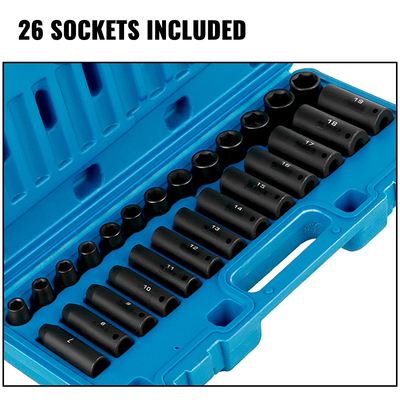 VEVOR Impact Socket Set 3/8 Inches 26 Piece Impact Socket, Deep / Standard Socket, Socket 6 Point, Rugged Construction, Cr-V Socket Set Impact Metric 9mm - 30mm, with Storage Cage