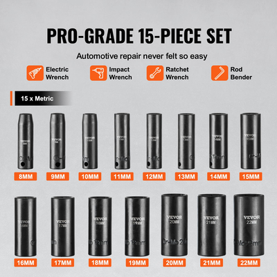 VEVOR Impact Sockets Σετ 15 τμχ Θήκη κιτ εργαλείων καστάνιας κίνησης 6 σημείων 3/8 ιντσών