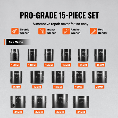 VEVOR Impact Sockets Σετ 15 τμχ 6-Point 3/8&quot; Drive Bit Ratchet Tool Kit 10-24mm