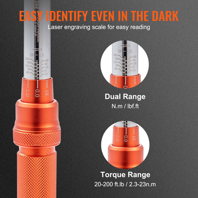 VEVOR Ροπόκλειδο, 1/4-ιντσών Drive Click Torque Wrench 20-200in.lb/3-23n.m, Ρυθμιζόμενο σετ δυναμόκλειδο διπλής κατεύθυνσης, Μηχανικό κιτ ροπόκλειδο ζυγαριών διπλού εύρους με ράβδο επέκτασης προσαρμογέων