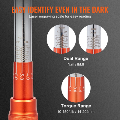 VEVOR Ροπόκλειδο, 1/2 ιντσών Drive Click Torque Wrench 10-150ft.lb/14-204n.m, Σετ δυναμόκλειδο με δυνατότητα ρύθμισης διπλής κατεύθυνσης, κιτ ροπόκλειδου μηχανικής ζυγαριάς διπλού εύρους με ράβδο επέκτασης προσαρμογέων