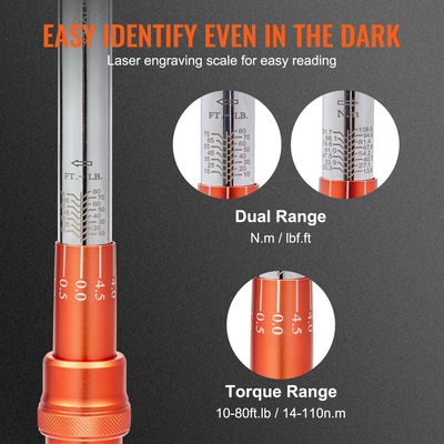 VEVOR Ροπόκλειδο, 3/8 ιντσών Drive Click Torque Wrench 10-80ft.lb/14-110n.m, Σετ δυναμόκλειδο με δυνατότητα ρύθμισης διπλής κατεύθυνσης, κιτ ροπόκλειδου μηχανικής ζυγαριάς διπλού εύρους με ράβδο επέκτασης προσαρμογέων