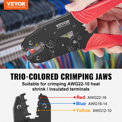 Εργαλείο πτύχωσης VEVOR, AWG22-10 Heat Shrink/Nylon/Insolated Terminal Crimper, Πένσα συρμάτινης πτύχωσης που εξοικονομεί εργασία με ένα ζευγάρι γάντια, μια πένσα απογύμνωσης σύρματος και σωλήνες θερμοσυστολής 210 τμχ