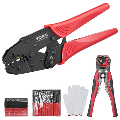 Εργαλείο πτύχωσης VEVOR, AWG22-10 Heat Shrink/Nylon/Insolated Terminal Crimper, Πένσα συρμάτινης πτύχωσης που εξοικονομεί εργασία με ένα ζευγάρι γάντια, μια πένσα απογύμνωσης σύρματος και σωλήνες θερμοσυστολής 210 τμχ