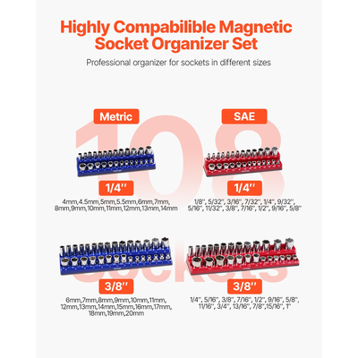 VEVOR Magnetic Socket Organizer Set 4PCS Socket Trays Blue &amp; Red for Metric SAE