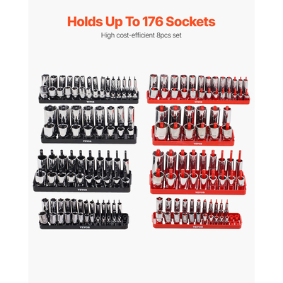 VEVOR Socket Organizer Set 8PCS High-Rod Socket Tray Black &amp; Red for Metric SAE