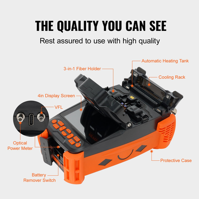 VEVOR Fiber Fusion Splicer 4 Motors, Clad Alignment Fiber Fiber Fusion Splicer Kit με 4&quot; ψηφιακή οθόνη LCD, 3 σε 1 θήκη οπτικών ινών, Auto Focus Optical Fiber Cleaver Kit 9s Spicing 9-25s Θέρμανση