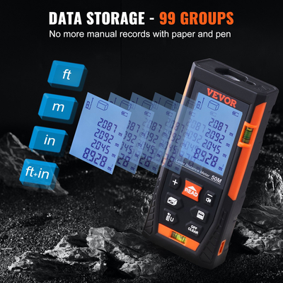 VEVOR Laser Measure, 50 m, ±1,6mm Ακρίβεια μέτρηση απόστασης λέιζερ με 2 επίπεδα φυσαλίδων, μονάδα ft/m/in/ft+in, μετρητής λέιζερ οθόνης LCD με οπίσθιο φωτισμό 50,8 mm, λειτουργία Pythagorean, Μέτρηση απόστασης, περιοχής και όγκου