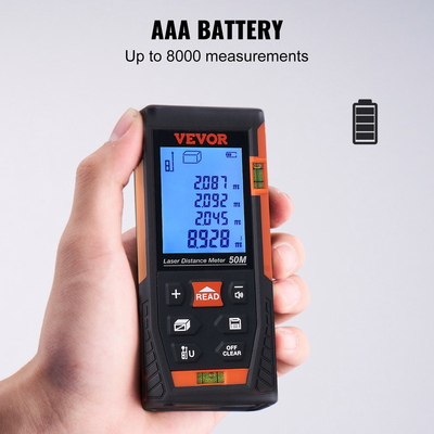 VEVOR Laser Measure, 50 m, ±1,6mm Ακρίβεια μέτρηση απόστασης λέιζερ με 2 επίπεδα φυσαλίδων, μονάδα ft/m/in/ft+in, μετρητής λέιζερ οθόνης LCD με οπίσθιο φωτισμό 50,8 mm, λειτουργία Pythagorean, Μέτρηση απόστασης, περιοχής και όγκου