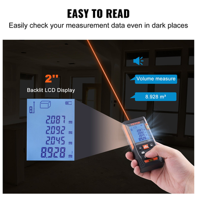 VEVOR Laser Measure, 50 m, ±1,6mm Ακρίβεια μέτρηση απόστασης λέιζερ με 2 επίπεδα φυσαλίδων, μονάδα ft/m/in/ft+in, μετρητής λέιζερ οθόνης LCD με οπίσθιο φωτισμό 50,8 mm, λειτουργία Pythagorean, Μέτρηση απόστασης, περιοχής και όγκου