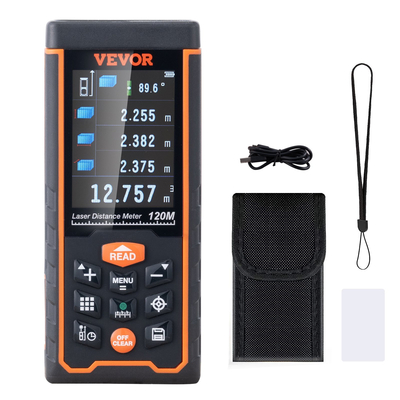 VEVOR Laser Measure, 122 m, ±1,6 mm Ακρίβεια μέτρηση απόστασης λέιζερ με αποθήκευση 100 ομάδων, ft/m/in/ft+in, 61 mm έγχρωμος μετρητής λέιζερ οθόνης LCD, λειτουργία Πυθαγόρειου, μέτρηση απόστασης, περιοχής και όγκου