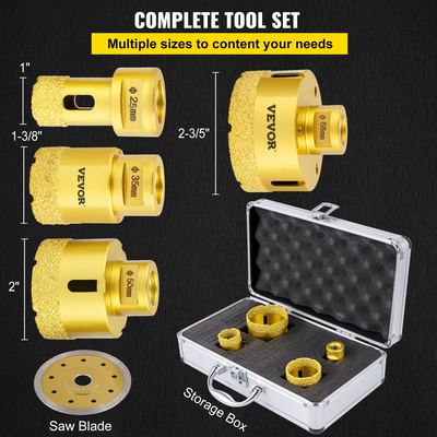 VEVOR Diamond Drill Bits 4PCS Diamond Hole Saw 25/35/50/68mm Tile Hole Saw Kit Τρυπάνι με κενό Brazed Diamond Drill Bit 0,59in/15mm Segment Tile Saw w Θήκη αποθήκευσης για κεραμική πορσελάνη από μάρμαρο
