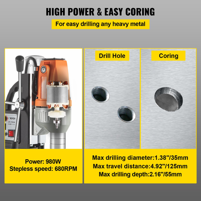 VEVOR Magnetic Drill 220V-240V Magnetic Drilling Machine 980W, Metal Drill Press High Power 680 rpm, Multi-function Metal Drill Press 35MM Core Drilling Machine for Drilling and Tapping