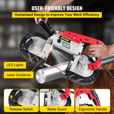Φορητό πριόνι ταινίας VEVOR, Ασύρματο πριόνι ζώνης χωρητικότητας κοπής 5 ιντσών, πριόνι ταινίας μεταβλητής ταχύτητας, φορητό πριόνι μοτέρ 10 amp, πριόνι ταινίας βαθιάς κοπής για σωλήνες μεταλλικού ξύλου Ράβδος και πλαστικό