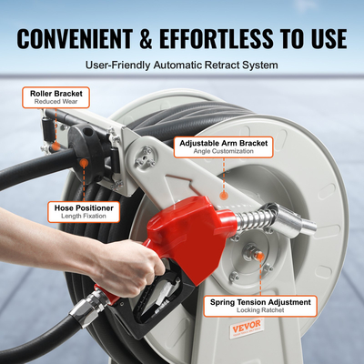 Καρούλι σωλήνα καυσίμου VEVOR, 1&quot; x 50&#039;, εξαιρετικά μακρύ πτυσσόμενο καρούλι σωλήνα ντίζελ, κατασκευή από ανθρακοχάλυβα βαρέως τύπου με αυτόματο ακροφύσιο καυσίμου, ελαστικός σωλήνας NBR για φορτηγό οχημάτων αεροσκαφών, 300 PSI