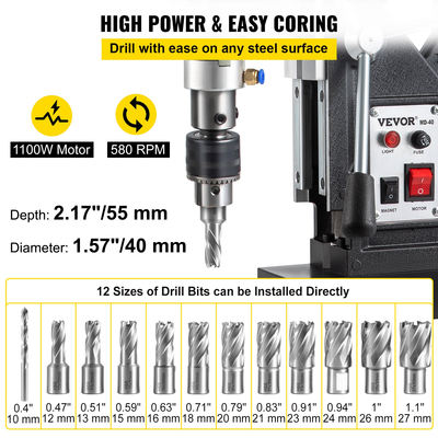 VEVOR Magnetic Drill, 1100W 1,57&quot; Boring Diameter, 2697lbf/12000N Portable Electric Mag Drill Press with 12 Bits, 580 RPM Max Speed ​​Drilling Machine για οποιαδήποτε βελτίωση επιφάνειας και σπιτιού
