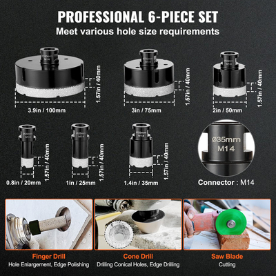 Σετ τρυπανιών VEVOR Diamond Core, 6 ΤΕΜ. 20/25/35/50/75/100mm Κιτ πριονιού με τρύπες διαμαντιού, με λεπίδα πριονιού κώνου μύτης φρεζαρίσματος δακτύλων και θήκη αποθήκευσης για στεγνό και υγρό, τρυπάνια με διαμάντια για κεραμικά πλακιδίων
