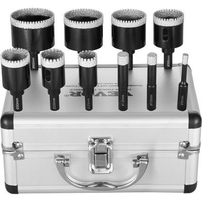 Σετ τρυπανιών VEVOR Diamond Core, 10 ΤΕΜ. 6/10/12/20/25/30/35/40/45/50mm Diamond Hole Saw Kit, Τριγωνικό στέλεχος, με θήκη αποθήκευσης για στεγνό και υγρό, Διαμαντένια τρυπάνια για κεραμικά πλακιδίων Πορσελάνη