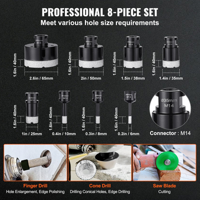 Σετ τρυπανιών VEVOR Diamond Core, 8 ΤΕΜ. 6/8/10/25/35/38/50/65mm Diamond Hole Saw Kit, με πριονωτή λεπίδα κώνου μύτης δακτύλου και θήκη αποθήκευσης για στεγνό και υγρό, τρυπάνια διαμαντιών για πλακάκια Κεραμικός