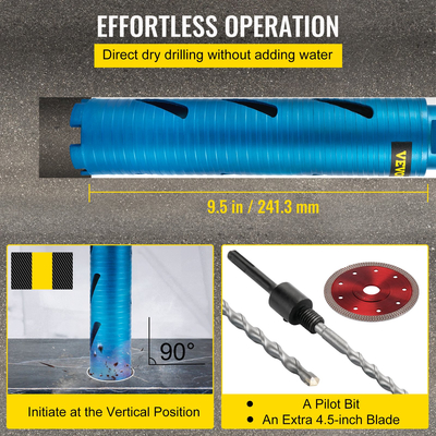 Τρυπάνι VEVOR Core, 2&quot; / 50,8 mm Διάμετρος 5/8&quot;-11 με σπείρωμα, 9,5&quot; / 241,3 mm Βάθος Διαμαντένιο Εργαλείο οπής με οπή οπής με πιλότο &amp; λεπίδα 4,5&quot;, Τρύπες τοιχοποιίας για σκληρό σκυρόδεμα Brick and Blo