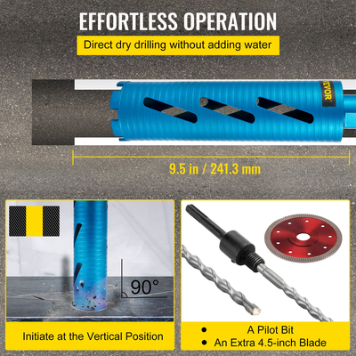 Τρυπάνι ξηρού πυρήνα VEVOR, 3&quot; / 76,2 χιλιοστά διάμετρος 5/8\&quot;-11 Κόμηλο με πιλοτικό τρυπάνι &amp; 4,5&quot; λεπίδα, 9,5&quot; / 241,3 χιλιοστά Βάθος Εργαλείο οπής με διαμάντι, πριόνια οπής τοιχοποιίας για σκληρό Τούβλο από σκυρόδεμα και Β
