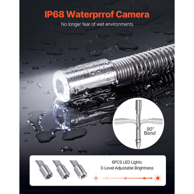 VEVOR Sewer Camera 30m Κάμερα Duct 4,3 ιντσών με 6 ρυθμιζόμενα LED Κάρτα 16GB