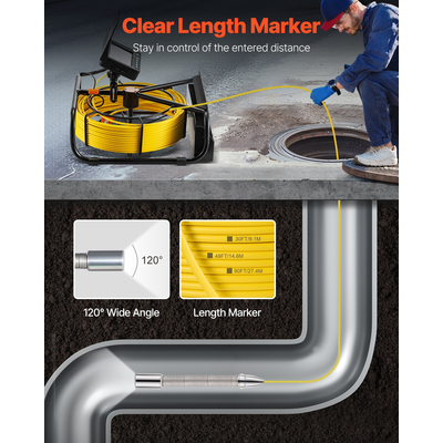 VEVOR Sewer Camera 50m Κάμερα Duct 4,3 ιντσών με 6 ρυθμιζόμενα LED Κάρτα 16GB