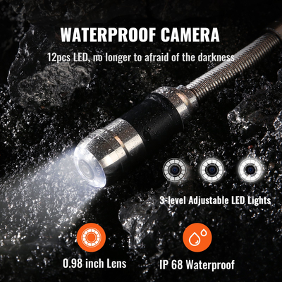 VEVOR Sewer Camera Pipe Inspection Camera 7 ιντσών με οθόνη 1000TVL Camera 100ft Pipeline Inspection Camera με λειτουργία DVR, αδιάβροχη κάμερα IP68 με 12 ρυθμιζόμενα LED, με κάρτα SD 16 GB για γραμμή αποχέτευσης, σπίτι, υδραυλικό σωλήνα