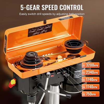 Πρέσα τρυπανιού πάγκου VEVOR 203,2 mm 8 ιντσών, 2,3A κινητήρας επαγωγής, μέγιστη ισχύς 500 W, επιτραπέζιο τρυπάνι με 550/950/1450/1950/2500 RPM Μεταβλητό Έλεγχος 5 ταχυτήτων, 0-45° Των LED, με δυνατότητα κλίσης Φως εργασίας