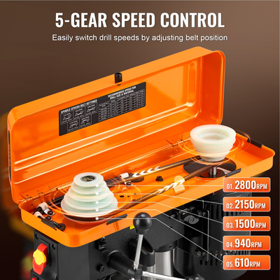 Τρυπάνι πάγκου VEVOR 254mm 10 ιντσών, κινητήρας επαγωγής 6,2A, Μέγιστη ισχύς 550W, Τρυπάνι πάγκου με 510/780/1300/1820/2430 RPM Μεταβλητό Έλεγχος 5 ταχυτήτων, Τραπέζι εργασίας με δυνατότητα κλίσης 0-45°