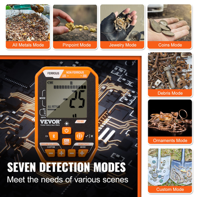 Αδιάβροχος ανιχνευτής μετάλλων VEVOR, πηνίο 12&quot;, Επαγγελματικός επαναφορτιζόμενος ανιχνευτής χρυσού, 39-50 σε Ρυθμιζόμενο με LCD 7 Λειτουργίες Advanced DSP Chip Bluetooth Headset, IP68 for Detecting Gold Treasure Hunting