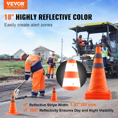 VEVOR Safety Cones, 2 Pack 18 ιντσών πτυσσόμενοι κώνοι κυκλοφορίας, κατασκευαστικοί κώνοι με ανακλαστικά κολάρα, φαρδιά βάση και τσάντα αποθήκευσης, για έλεγχο κυκλοφορίας, εκπαίδευση οδήγησης, χώροι στάθμευσης