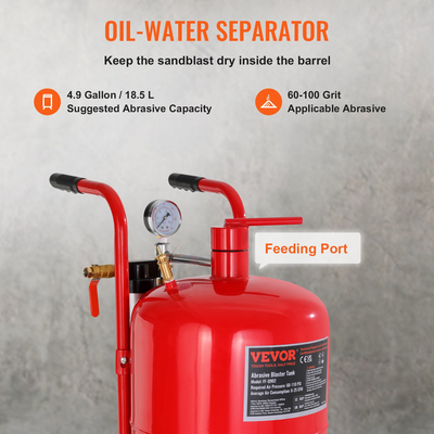 VEVOR 10 Gallon/38L Sandblaster εξοπλισμένο με μετρητή πίεσης βαλβίδας διακοπής ακροφυσίων Κεραμικό ακροφύσιο ελαστικοί τροχοί Grit Blasting Αμμοβολή