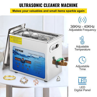 VEVOR Ultrasonic Cleaner, 36KHz~40KHz Ρυθμιζόμενη συχνότητα, 6L 220V, Υπερηχητικό μηχάνημα καθαρισμού με ψηφιακό χρονοδιακόπτη και θερμάστρα, Lab Sonic Cleaner για κέρματα γυαλιών ρολογιών κοσμημάτων, FCC/CE/RoHS