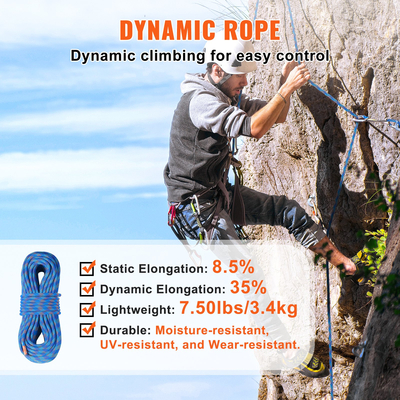 VEVOR 10,2mm Dynamic Climbing Rope 50M(164ft) Outdoor Rock Climbing Rope Blue
