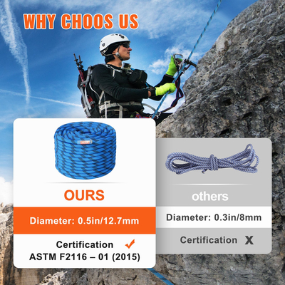 VEVOR 12,7mm Static Climbing Rope 38M(125ft) Outdoor Rock Climbing Rope Blue