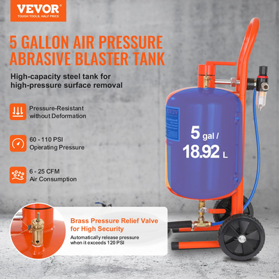 VEVOR 5 Gallon Sand Blaster 60-110 PSI Sandblaster υψηλής πίεσης με 4 ακροφύσια