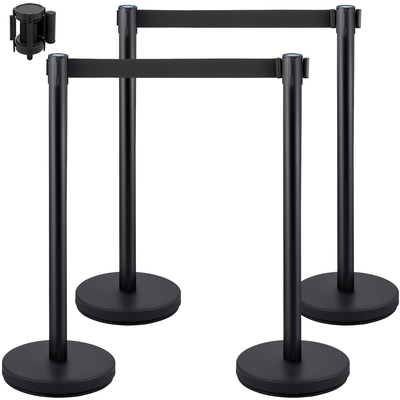 VEVOR Crowd Control Stanchion, Σετ 4 τεμαχίων Stanchion Set, Stanchion Set με 6,6 ft/2 m Μαύρη ανασυρόμενη ζώνη, μαύρο φράγμα ελέγχου πλήθους με σκυρόδεμα και μεταλλική βάση – Συναρμολόγηση Easy Connect