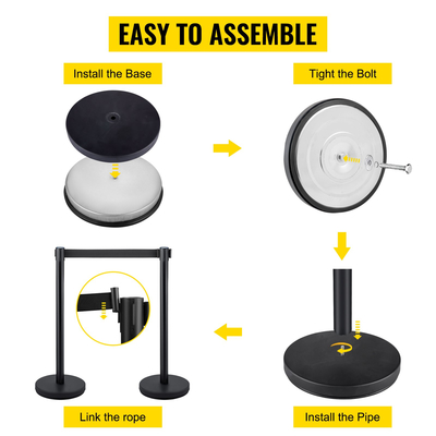 VEVOR Crowd Control Stanchion, Σετ 4 τεμαχίων Stanchion Set, Stanchion Set με 6,6 ft/2 m Μαύρη ανασυρόμενη ζώνη, μαύρο φράγμα ελέγχου πλήθους με σκυρόδεμα και μεταλλική βάση – Συναρμολόγηση Easy Connect