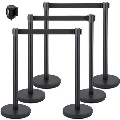 VEVOR Crowd Control Stanchion, Σετ 6 τεμαχίων Stanchion Set, Stanchion Set με 6,6 ft/2 m Μαύρη ανασυρόμενη ζώνη, Μαύρο φράγμα ελέγχου πλήθους με σκυρόδεμα και μεταλλική βάση – Συναρμολόγηση Easy Connect
