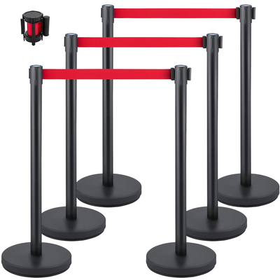 VEVOR Crowd Control Stanchion, Σετ 6 τεμαχίων Stanchion Set, Stanchion Set w/ 6,6 ft/2 m Red Retractable Belt, Black Crowd Control Barrier με λαστιχένια βάση – Συναρμολόγηση Easy Connect για έλεγχο του πλήθους
