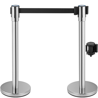 VEVOR Crowd Control Stanchion, Σετ 2 τεμαχίων Stanchion Set, Stanchion Set με 6,6 ft/2 m Μαύρη ανασυρόμενη ζώνη, Silver Crowd Control Barrier με σκυρόδεμα και μεταλλική βάση – Συναρμολόγηση Easy Connect