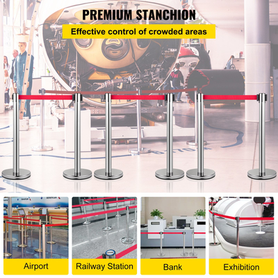 VEVOR Crowd Control Stanchion, Σετ 6 τεμαχίων Stanchion Set, Stanchion Set w/ 6,6ft/2m Κόκκινη ανασυρόμενη ζώνη, Ασημί φράγμα ελέγχου πλήθους με στιβαρή λαστιχένια βάση–Σύστημα εύκολης σύνδεσης για έλεγχο πλήθους